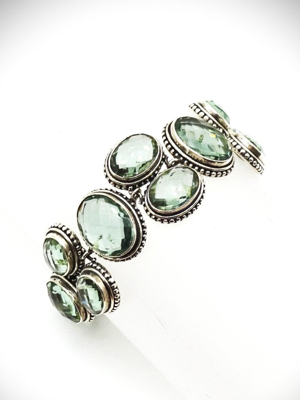 VINTAGE Sterling Silver & Green Proasiolite Wide Link  Bracelet